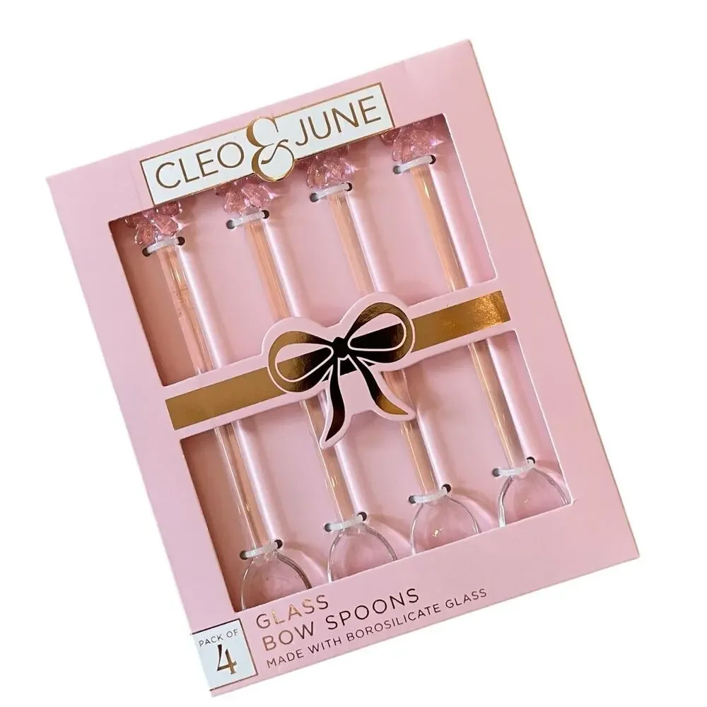 Cleo & June Glass Pink Bow Spoons Set of 4 NEW